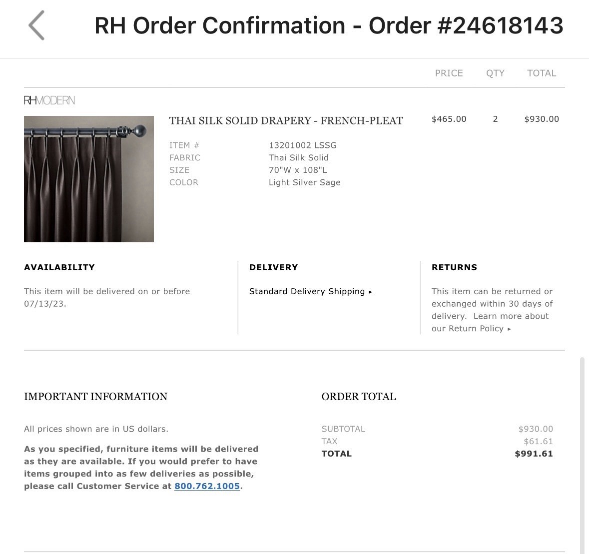 Restoration Hardware THAI SILK Stripe Set (2) Drapes in Light Silver Sage