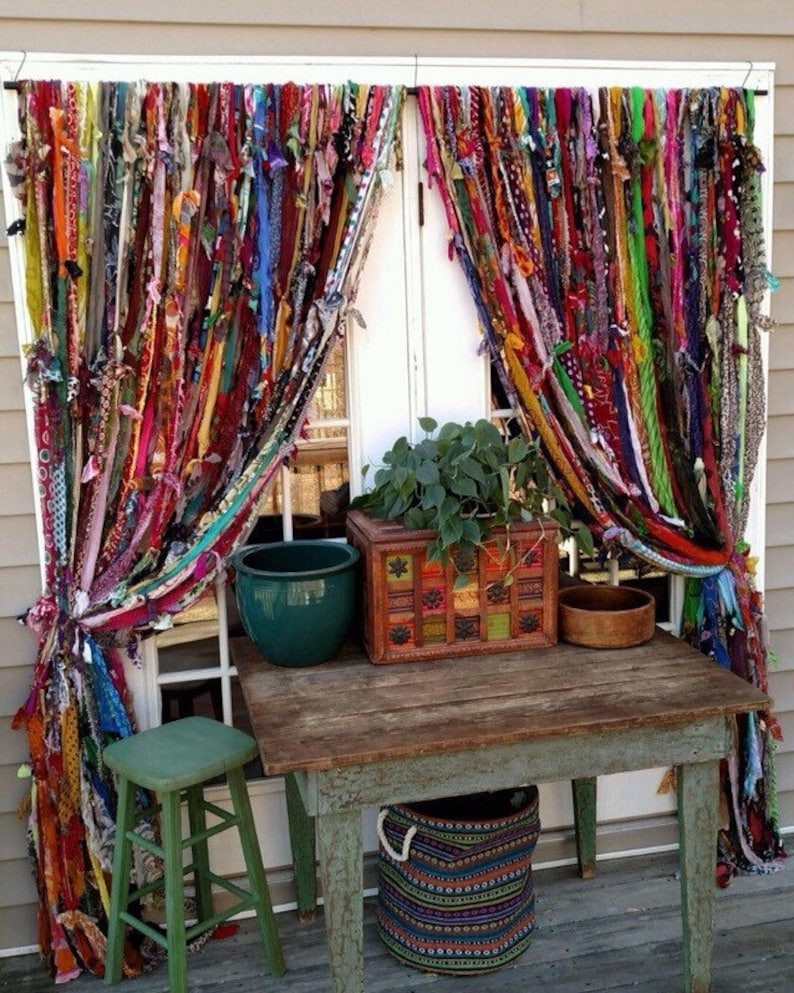 100 Strands, Bohemian gypsy rag Window Bohemian Valance Indian Backdrop curtains