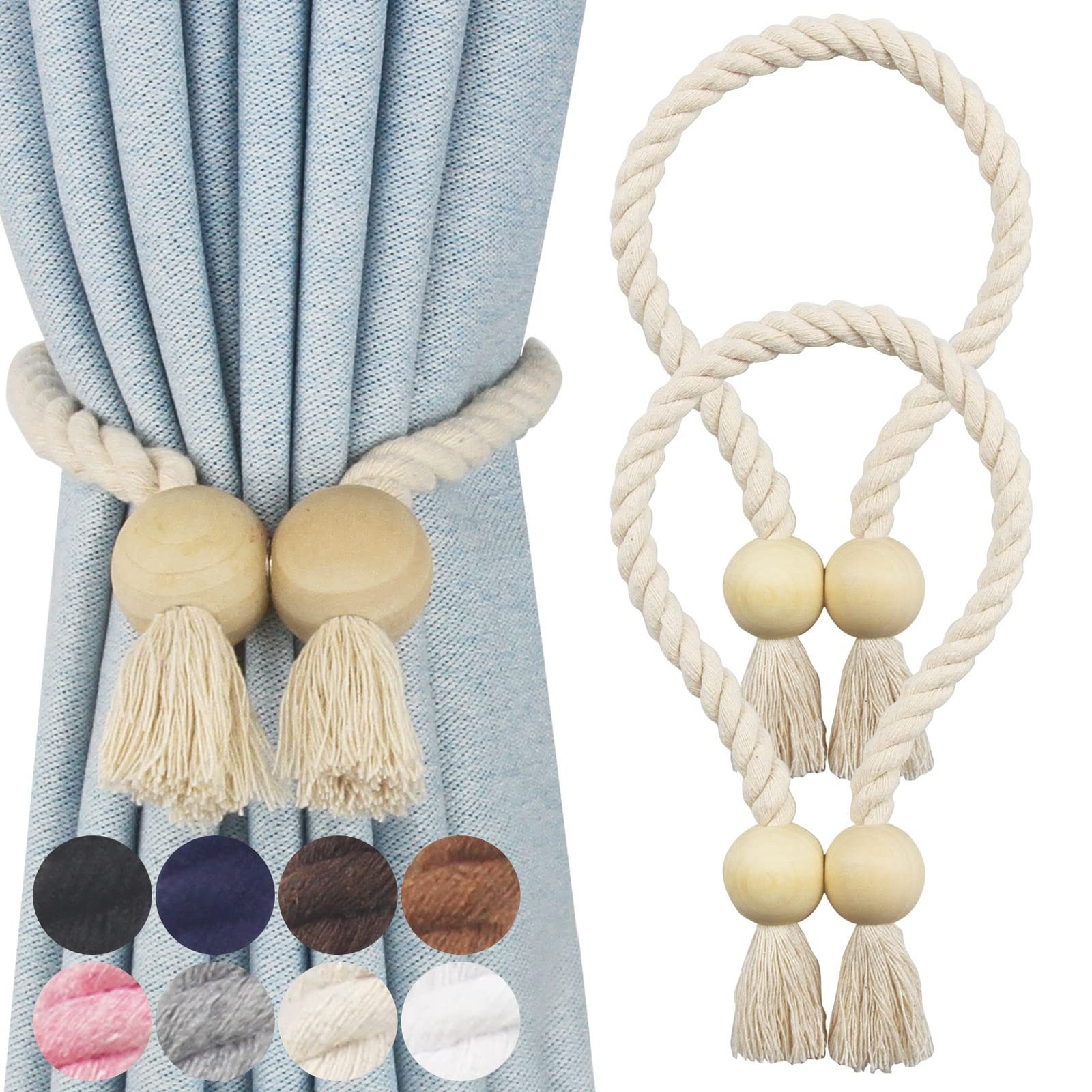Nieffeiy 2 Pack Magnetic Curtain Tiebacks Cotton Hand Woven Tie Back Beige
