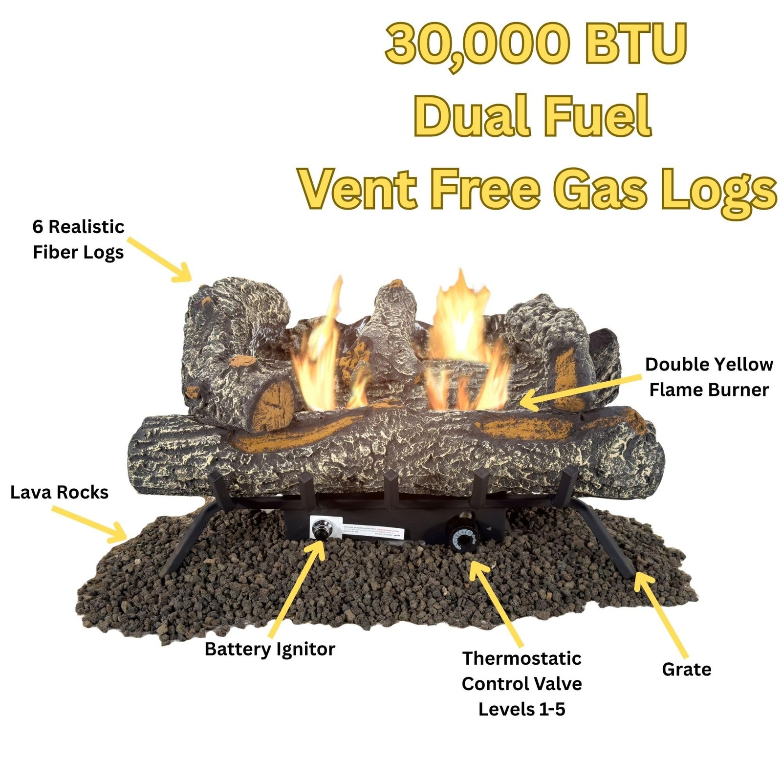 Comfort Glow 24″ Vent Free Gas Log Set, Dual Fuel, 30,000 BTU with Adjustable
