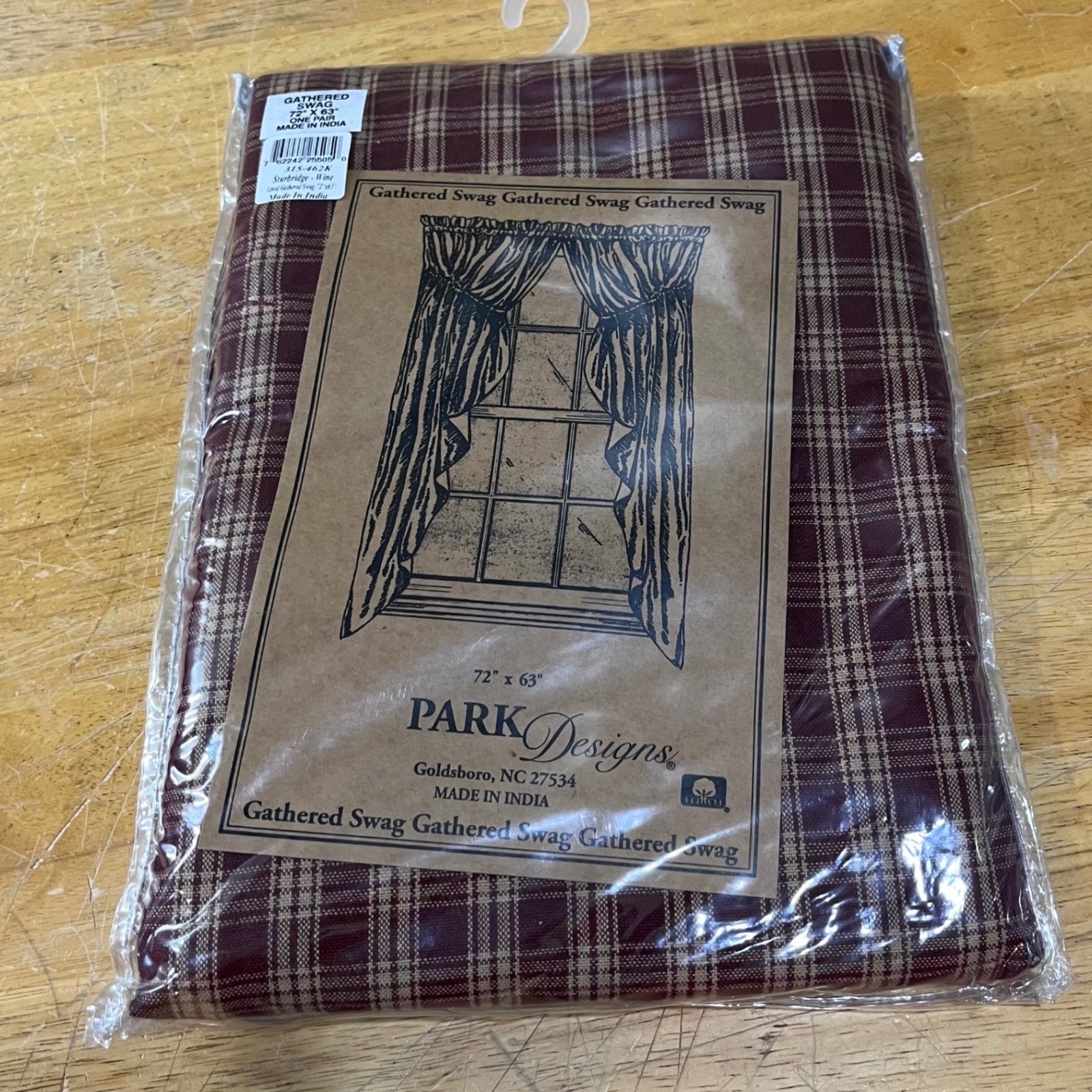 Park Designs Sturbridge Wine Plaid Gathered Swag Curtains 72×63 Primitive Farm