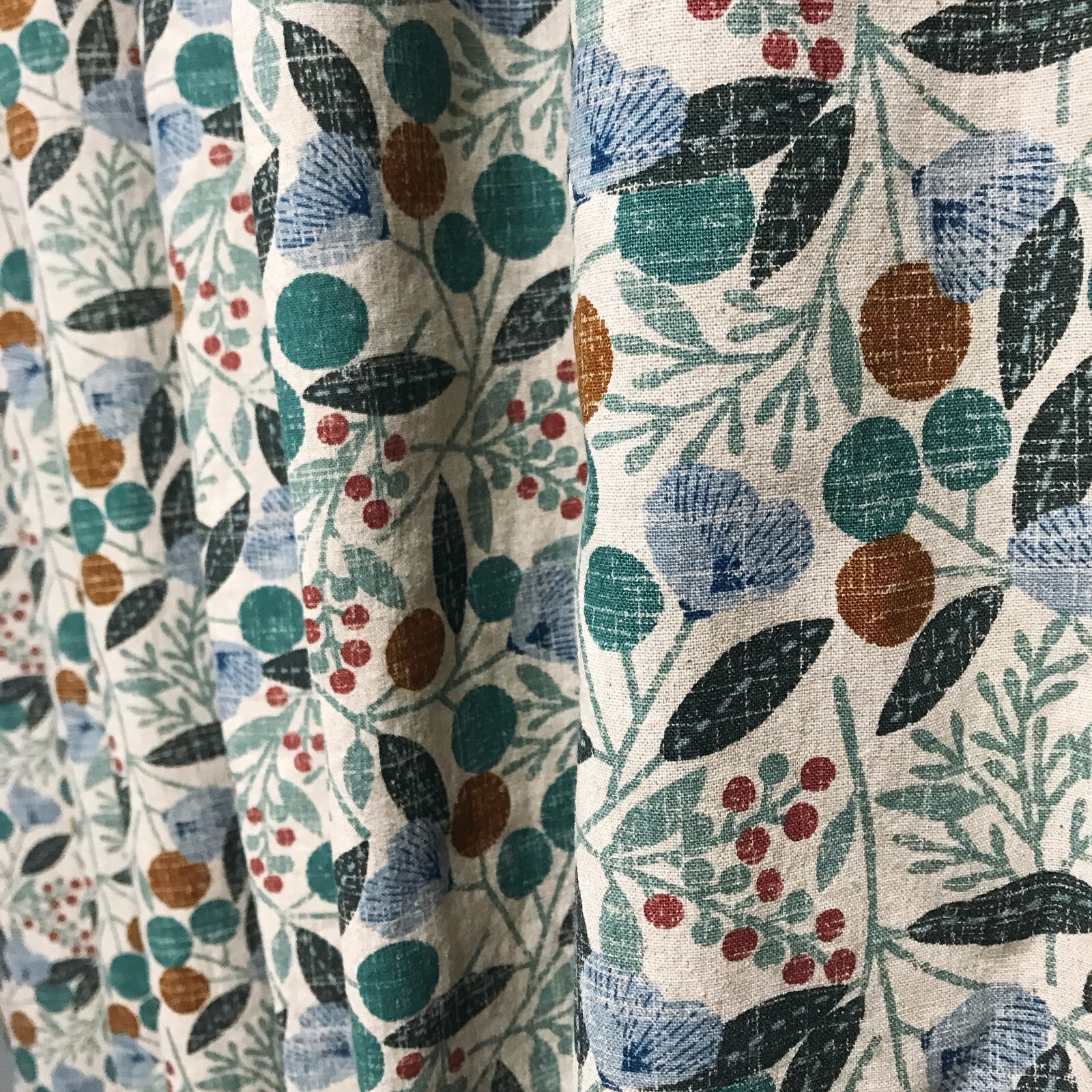 Modern Vintage Handmade Teal Cherry Blossom Pattern Natural Beige Curtain Panels
