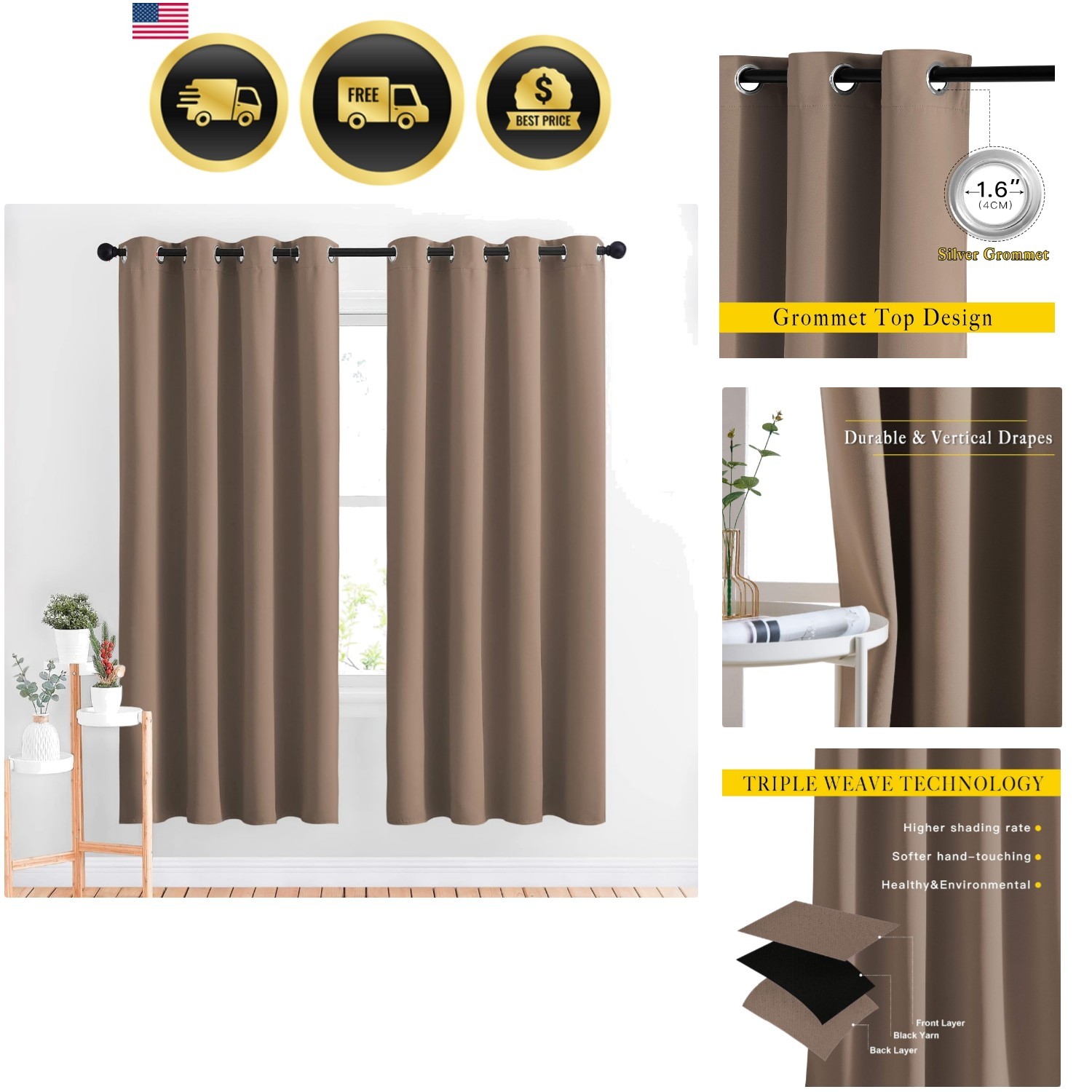 Kitchen Blackout Curtains and Drapes – Triple Weave Energy Saving Thermal Ins…