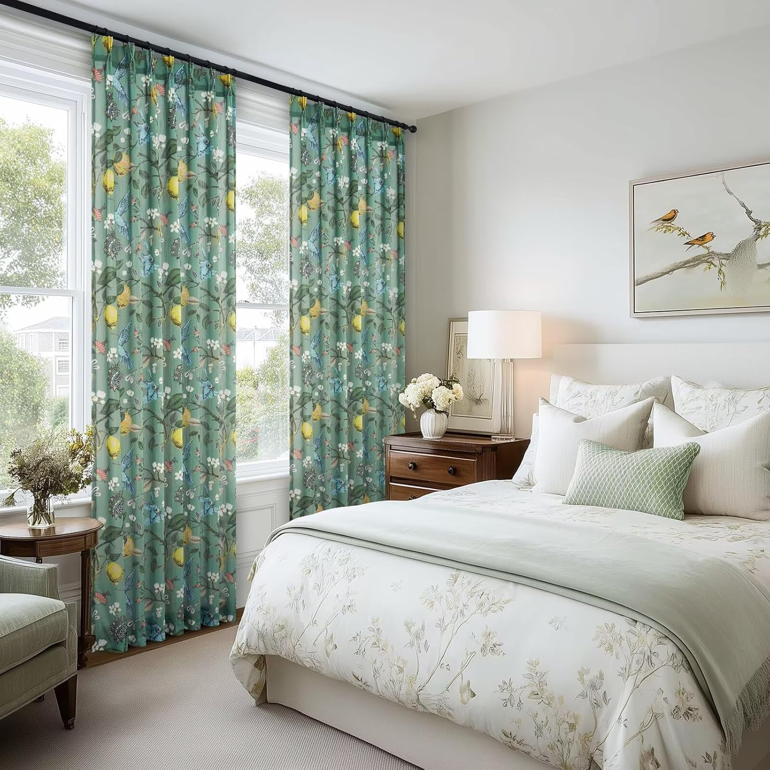Sage Green Floral Linen Curtains 84 Inch 2 Panels Sheer Drapes Hummingbird