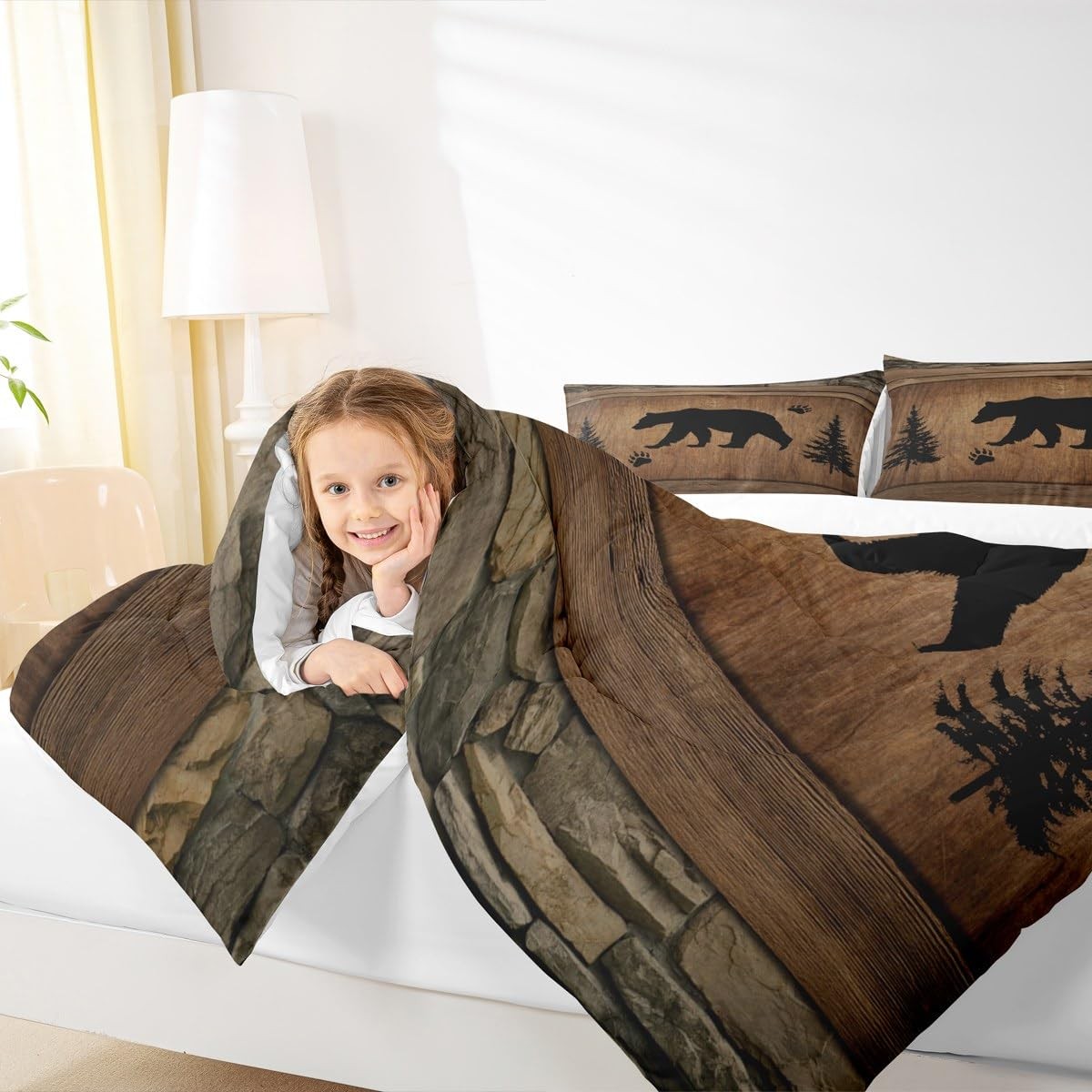 Rustic Bear Comforter Set Queen Size,Wild Animal Queen, Brown