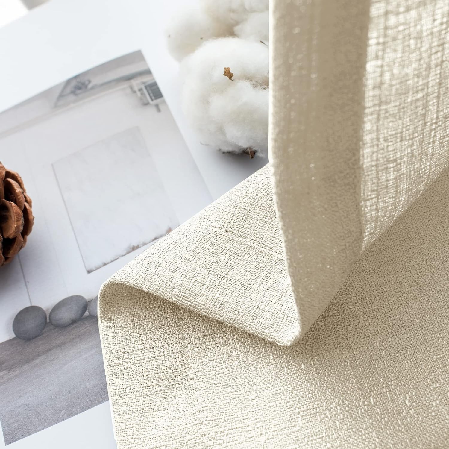 Beige Linen Semi Sheer Curtains 96 Inches Long for Living Room Bedroom Flax Line