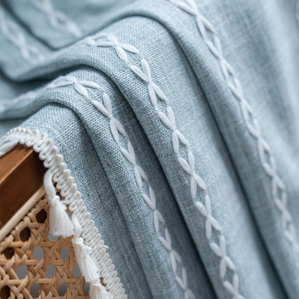 Rustic Striped Embroidered Curtain Window Drapes Panel Farmhouse Boho Home Decor