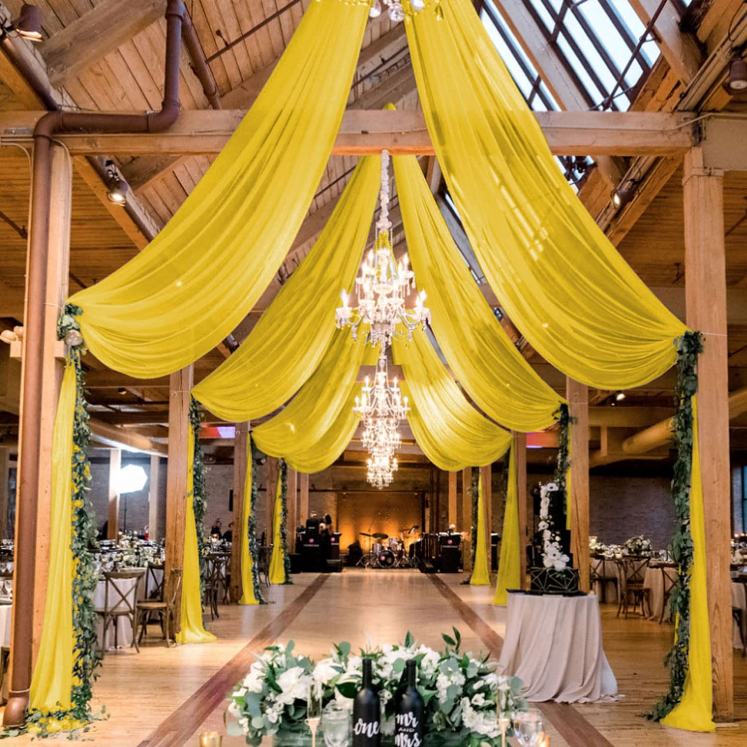 MODFUNS Ceiling Drapes for Parties Gold Sheer 60″W x 360″L (Pack of 4),