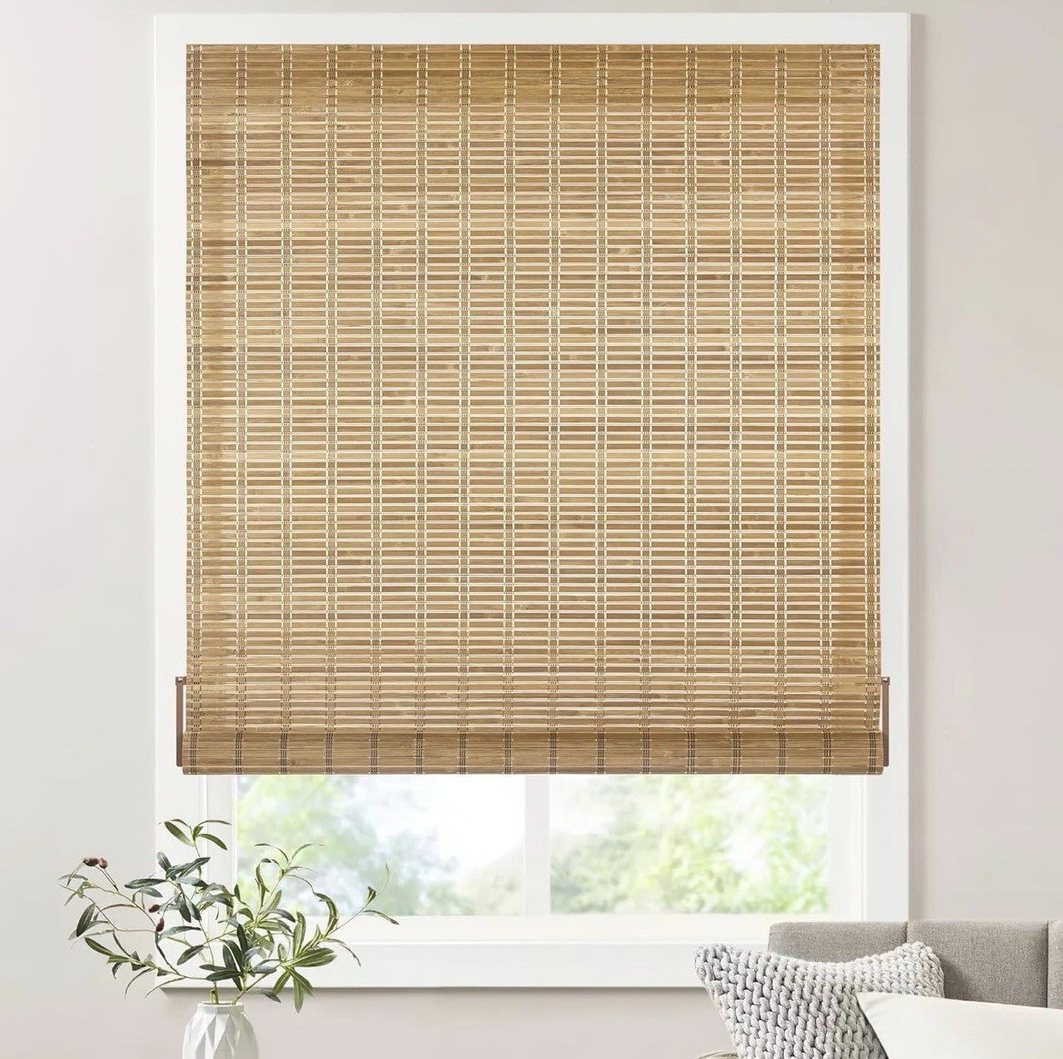 No Drill Cordless Bamboo Roller Shades 35×64 Brown Light Filtering Window Blind