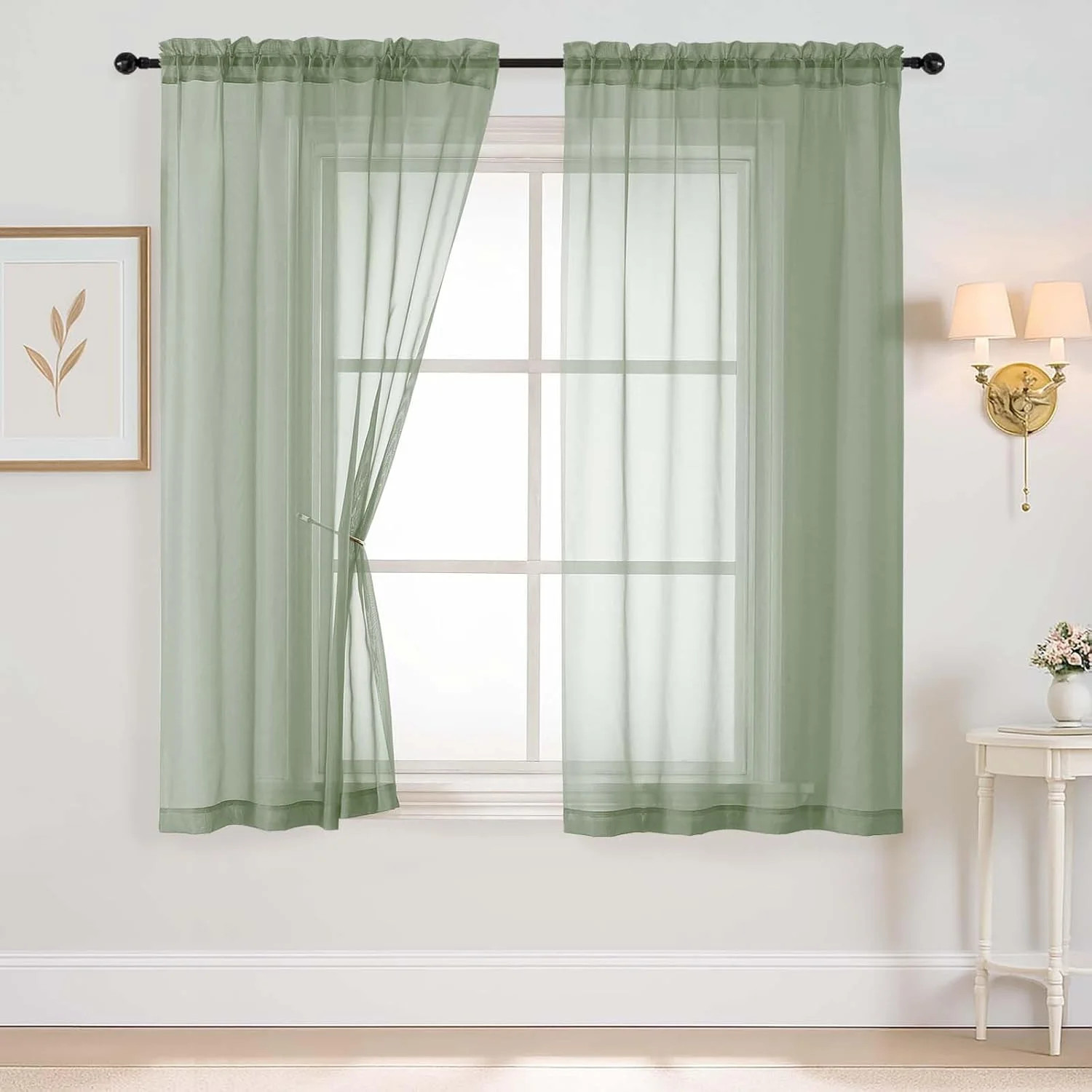 Sage Green Sheer Curtains 63 Inch Length 2 Panels, Voile Sheer Curtain for Livin