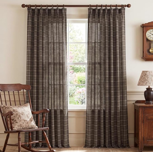 Pinch Pleated Plaid Curtains 2 Panels, W40 x L96 in, Linen Blend Light Filtering