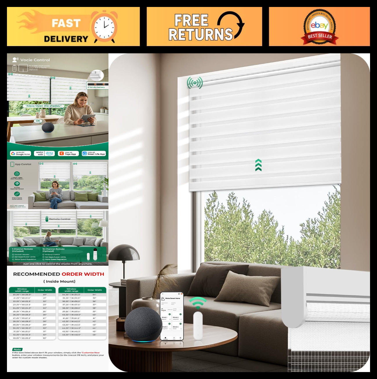 Motorized Zebra Blinds with Remote Control – Electric Dual-Layer Shades, 27″x72