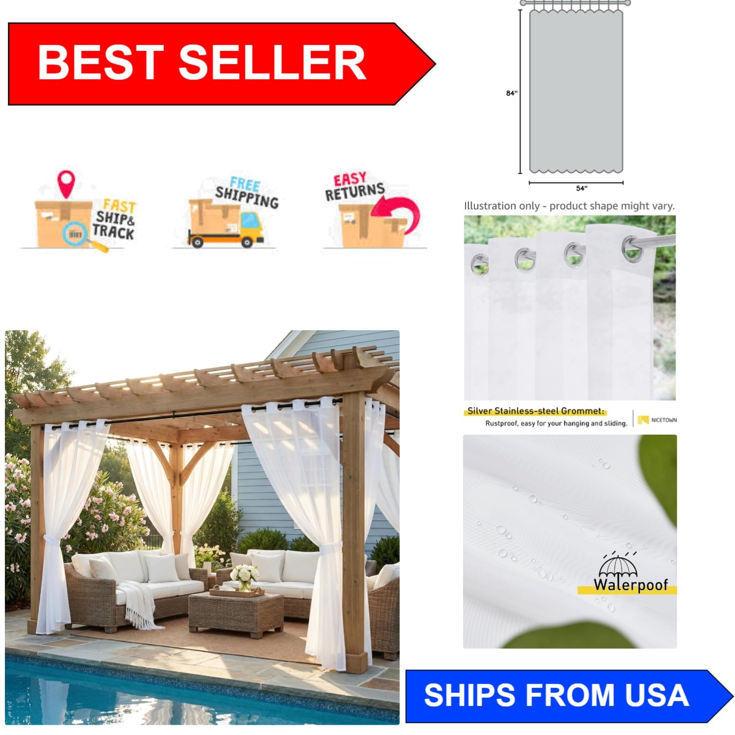 Stylish Outdoor Window Treatments, Waterproof Sheer Panels – 54×84 Inch, White