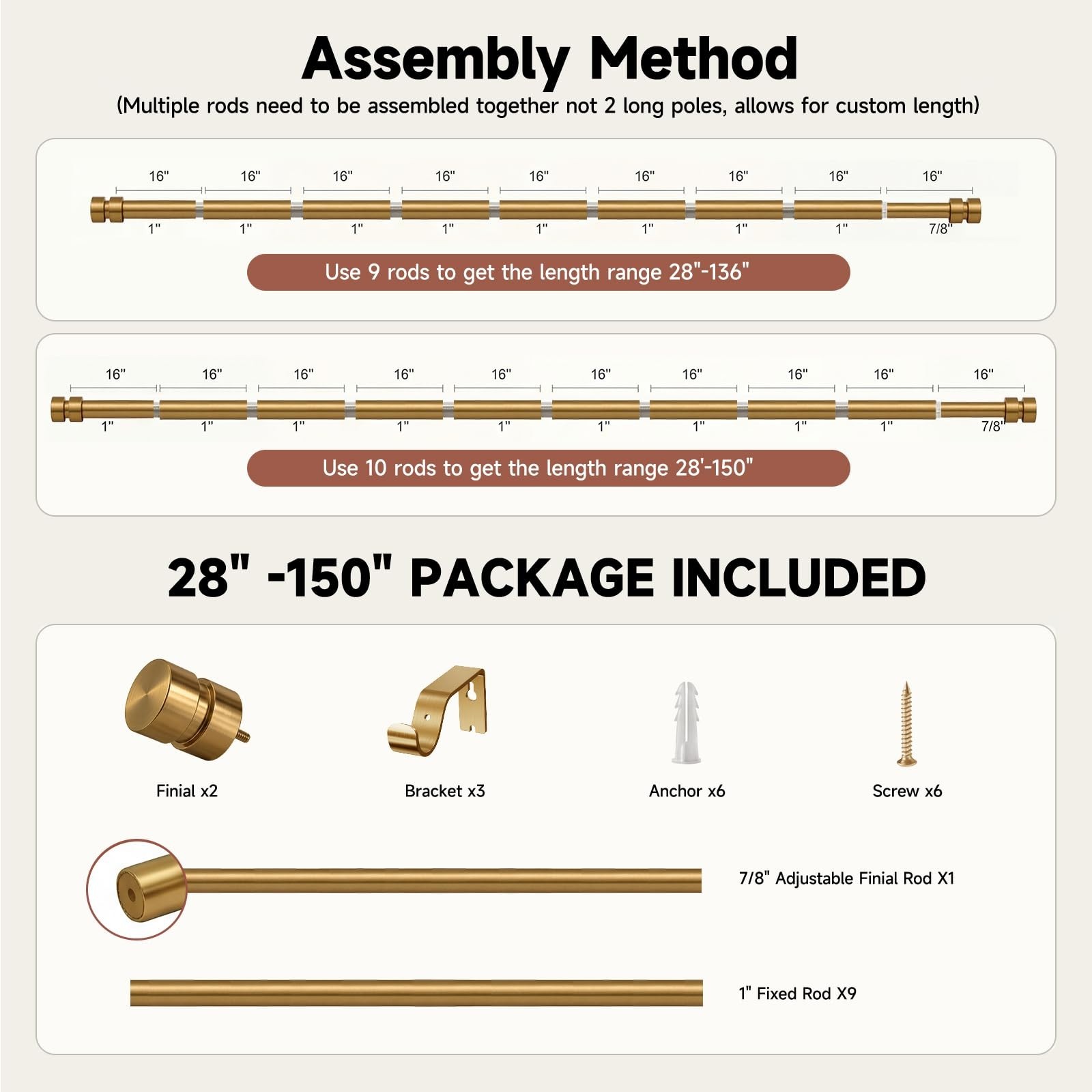 Warm Gold Curtain Rods with Solid Metal Finials 72 to 144 Inches Adjustable H…