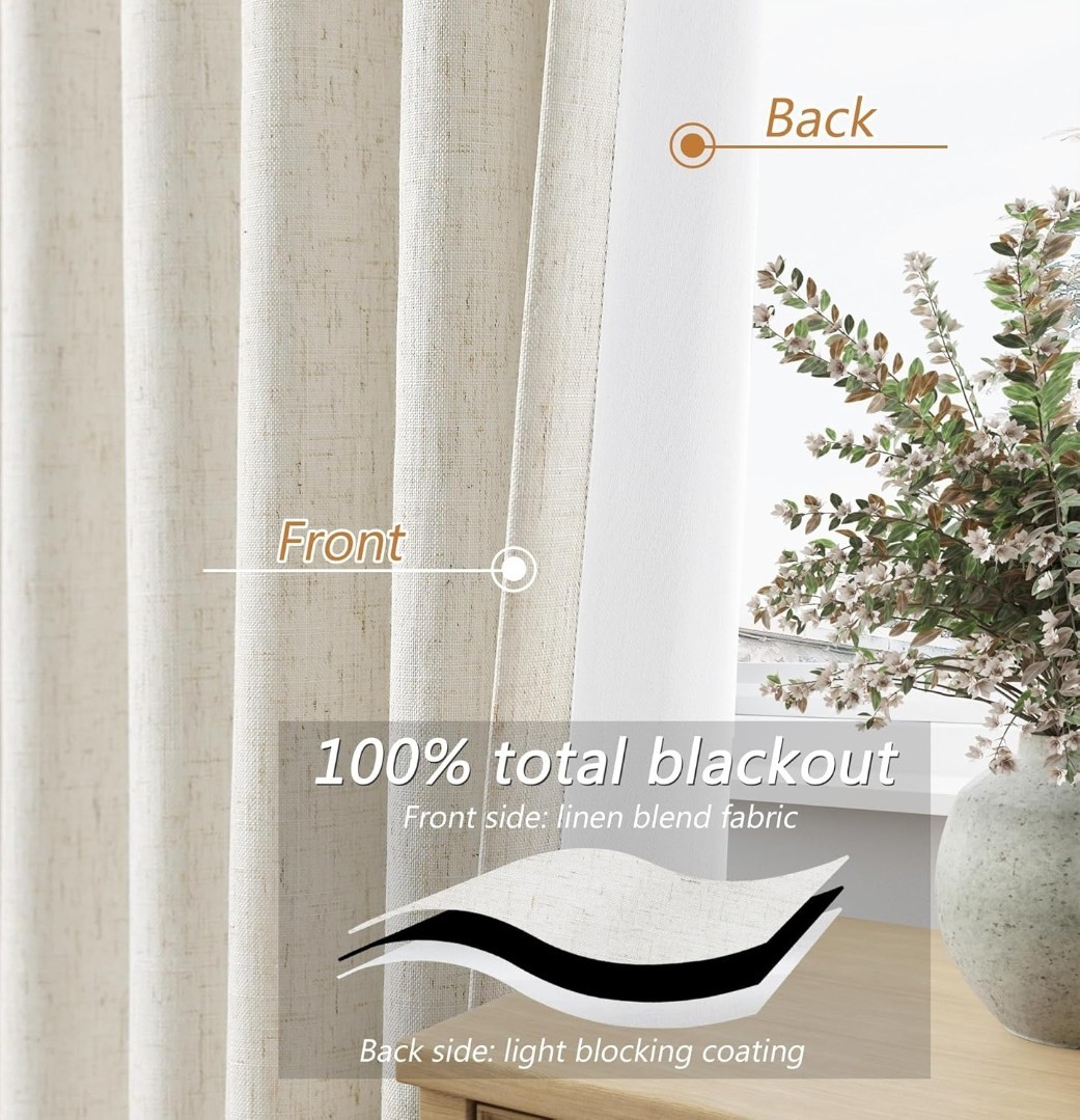 100% Blackout Linen Curtains for Bedroom 90 52″W x 92″L (Pack of 2) Cream