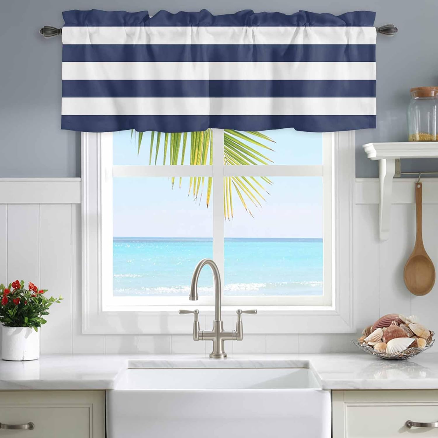 Navy Blue White Striped Valances Curtain for Kitchen Cafe, Nautical Modern Stri