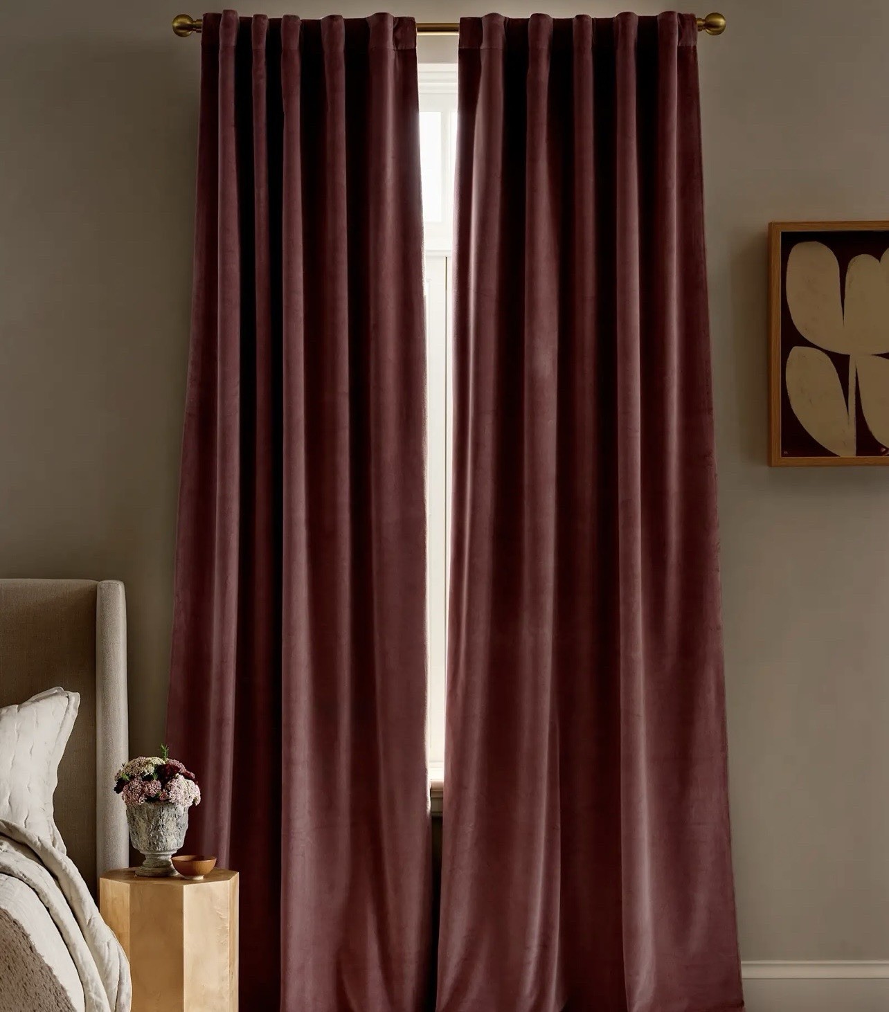 Quince Cotton Velvet Room Darkening Curtain Panel 48×96 Mauve Rod Pocket Solid