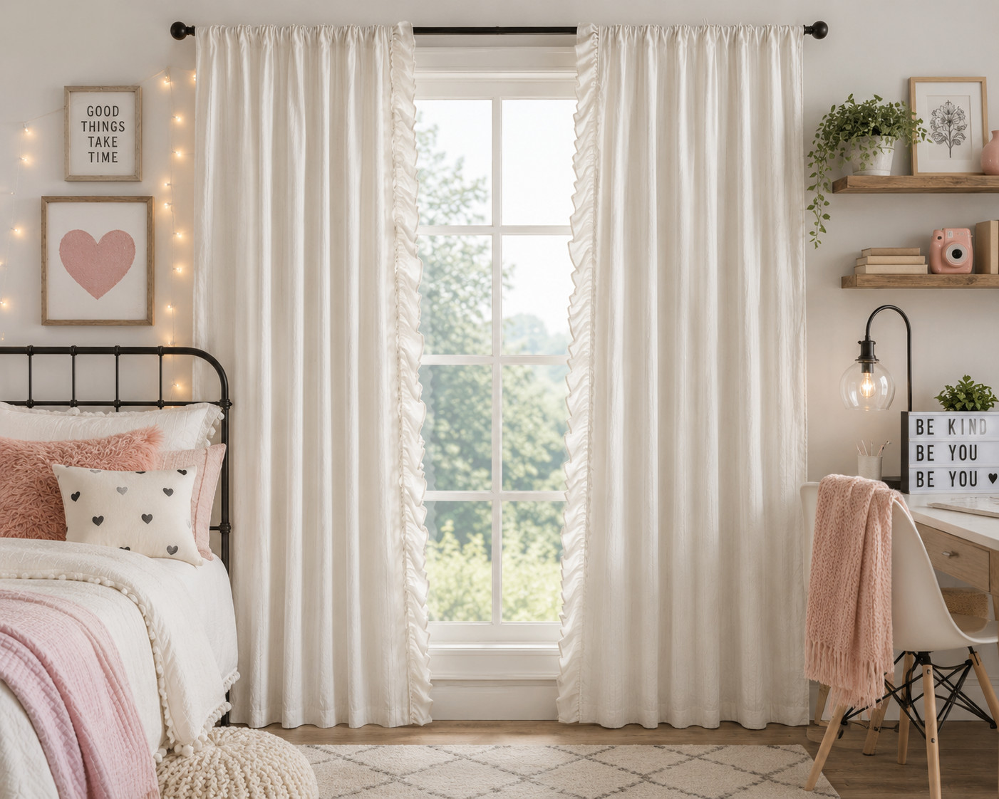 Chateau Chic Set Of 4 Stripe Ruffle Curtain Panels 38×84 Ivory Farmhouse NEW