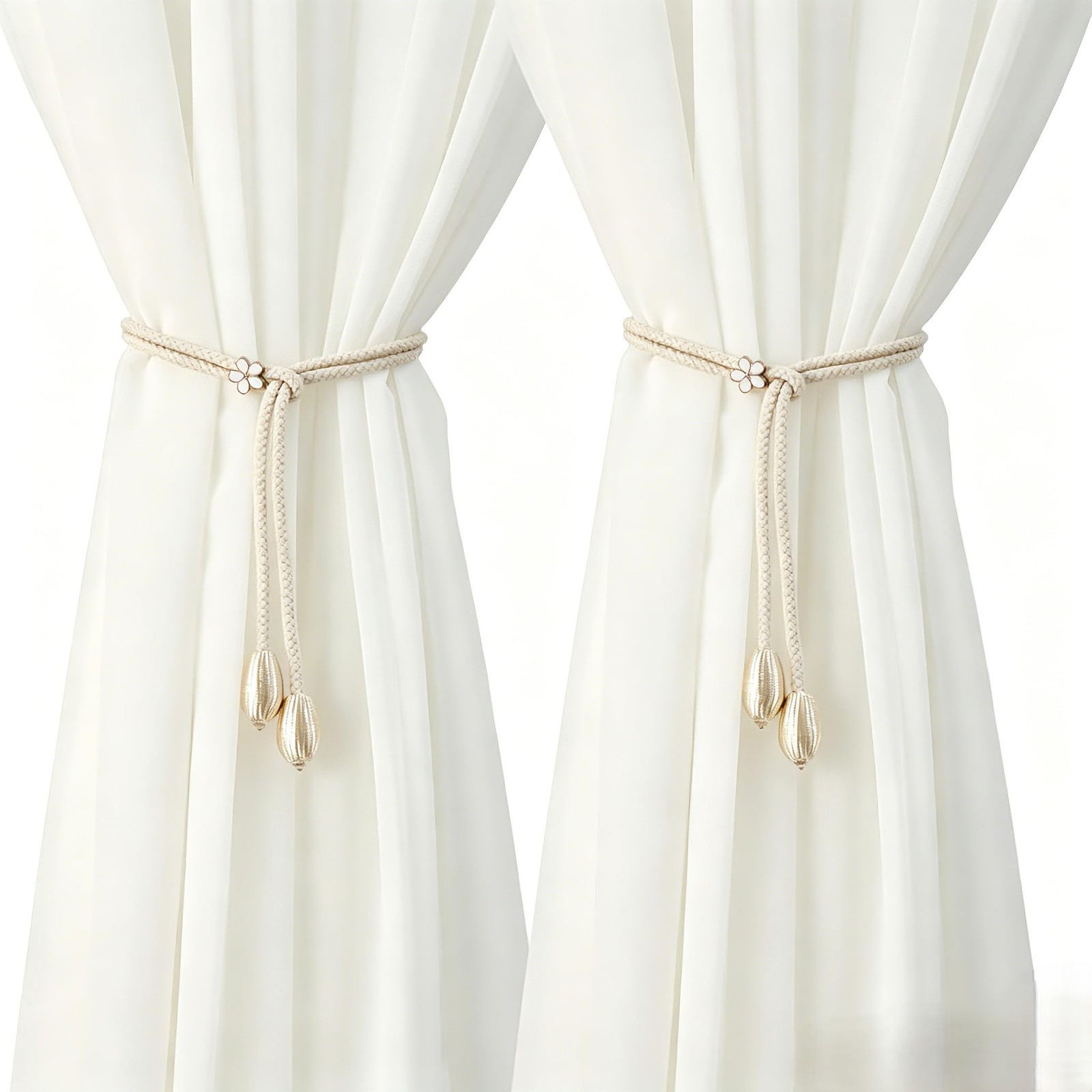 2 Pack White Cotton Curtain Tiebacks Handmade Farmhouse Curtain Holdbacks, Cu…