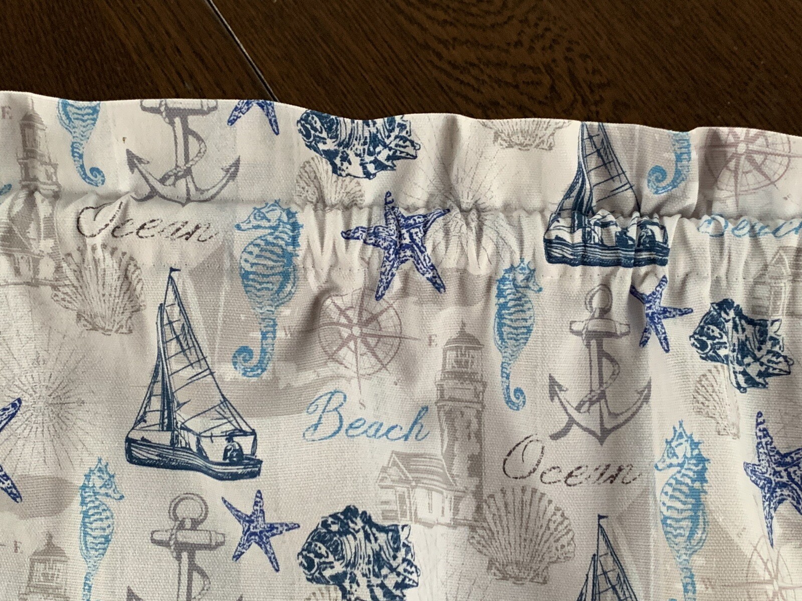 Nautical, Coastal Beach Cottage Valance, Sailboats, Lighhouse, Shells, Anchors.