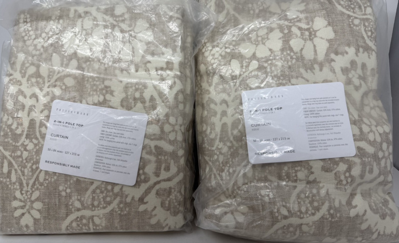 New Pottery Barn Bernyce Drapes 50″ x 84″ ~Flax~ Set of 2