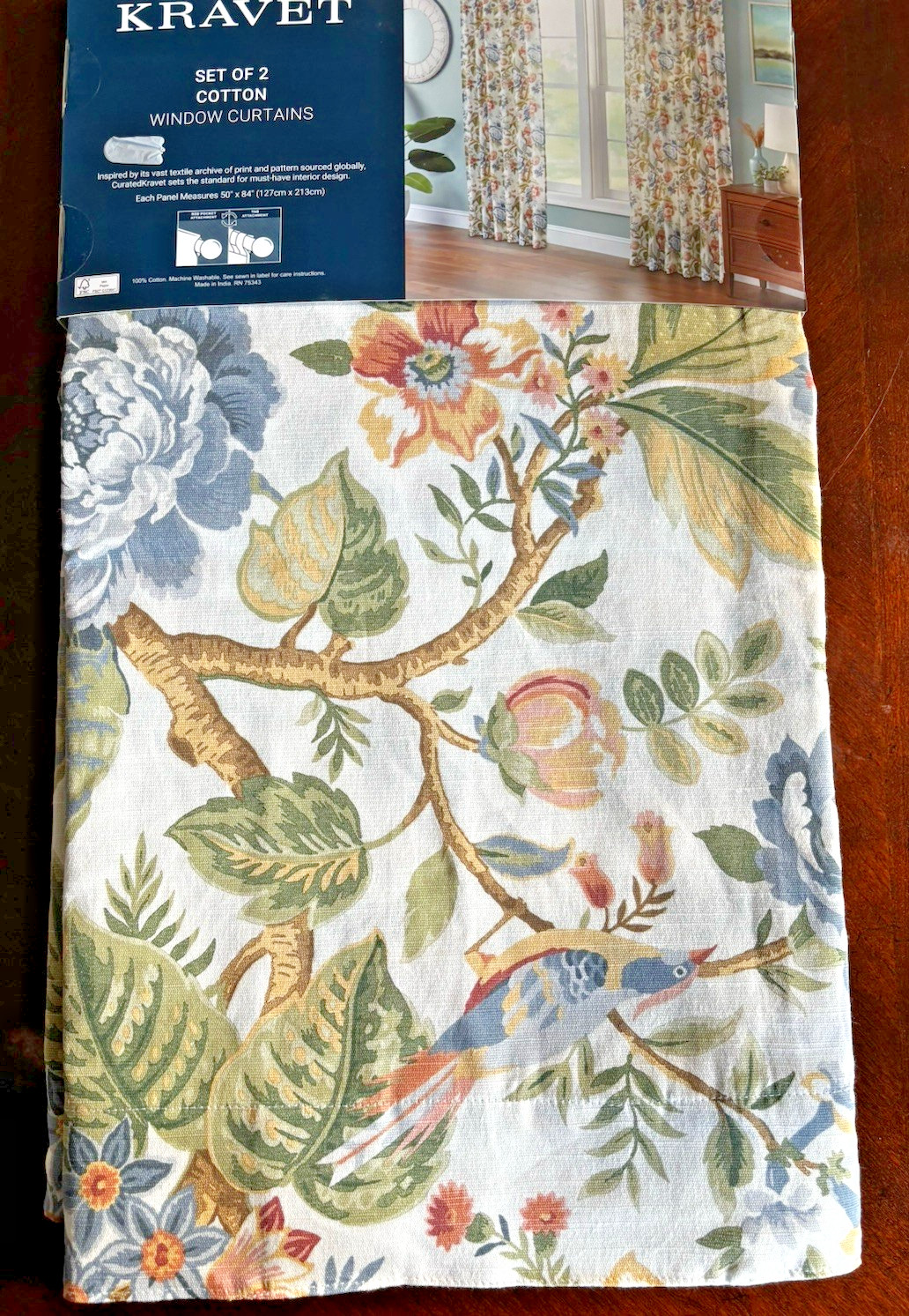 NWT Curated Kravet 2 pc Window Curtains Jacobean Floral Birds Cotton 50″ x 84″