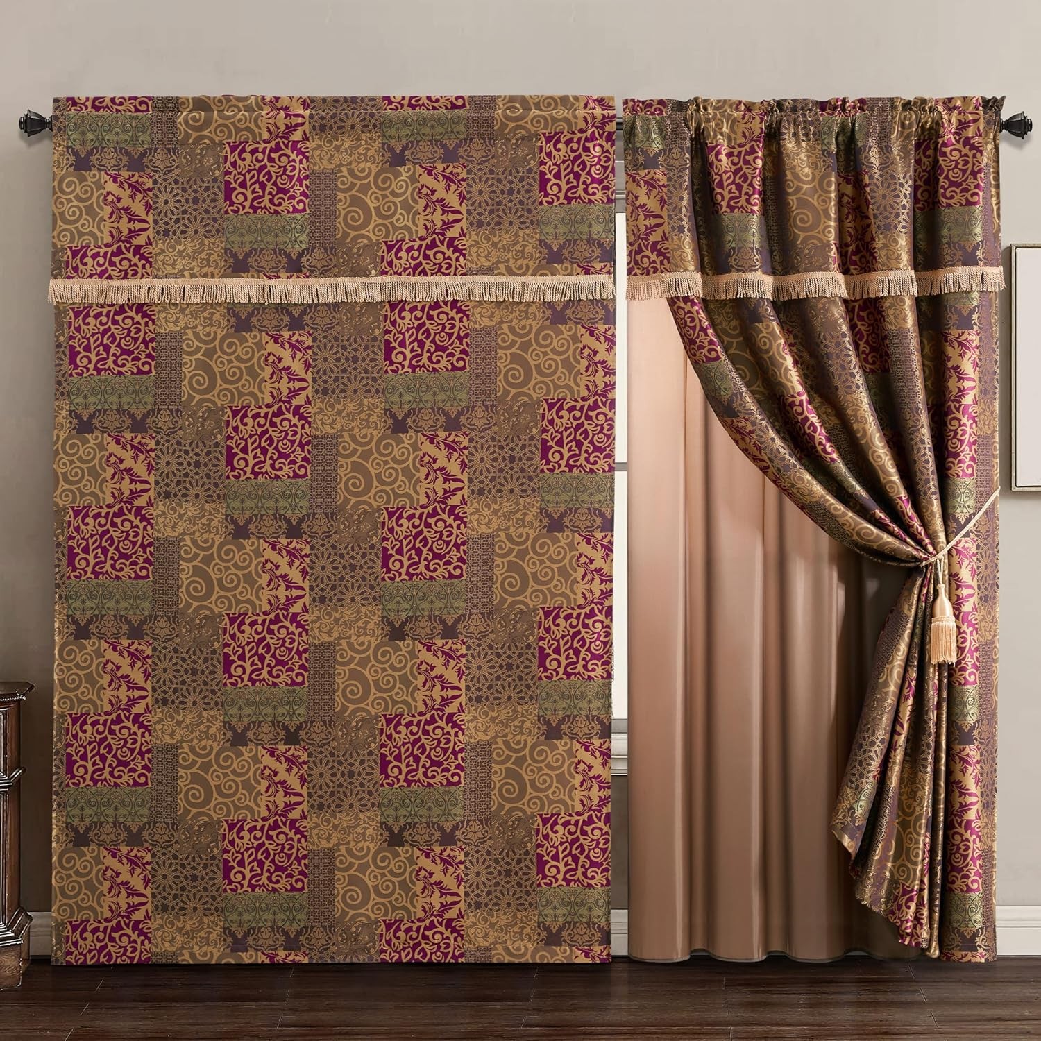 Amelia 4-Piece Multicolor Floral Jacquard Patchwork Curtain/Drape Set Sheer