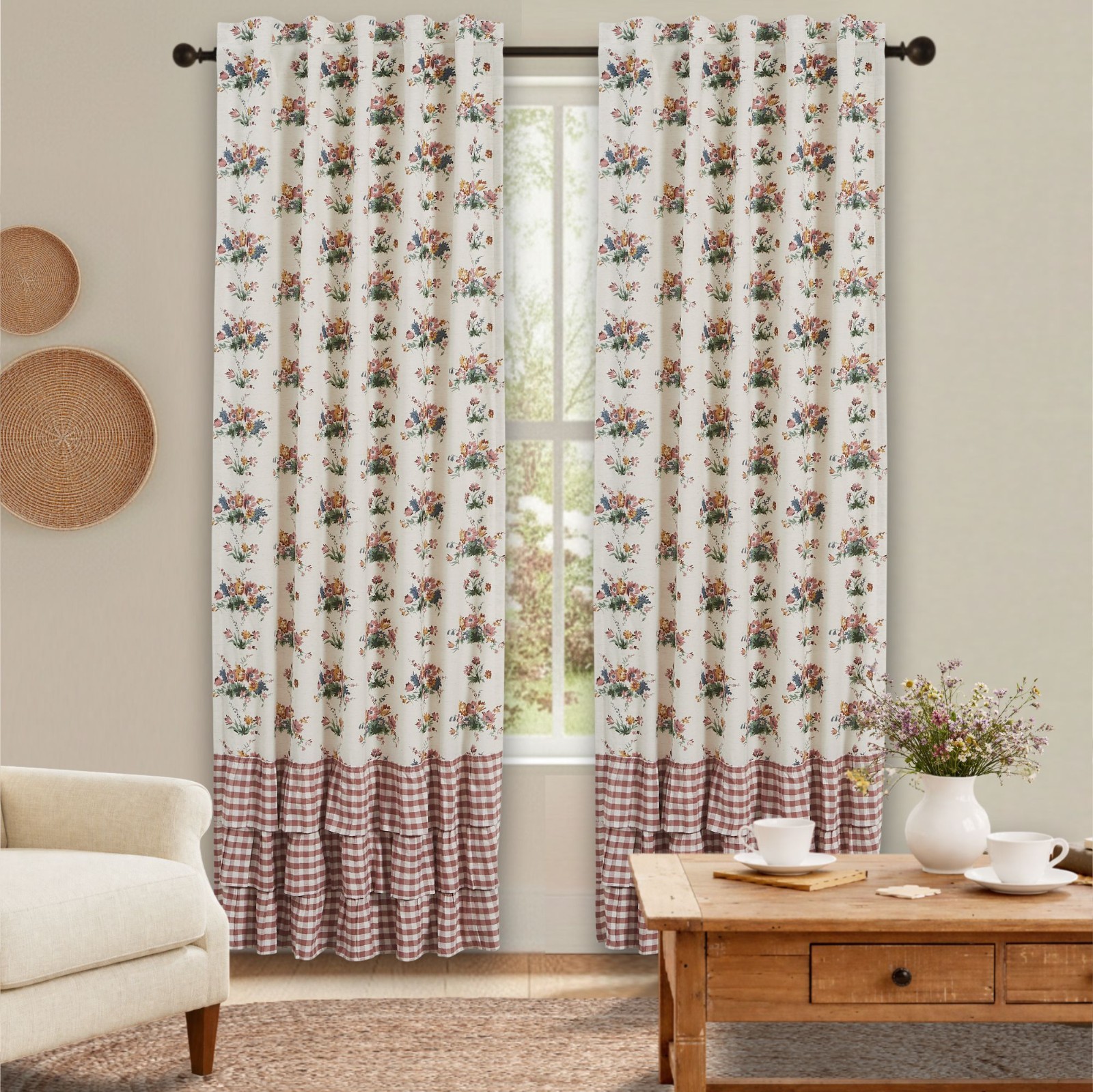 VHC Rosehill Cottage Floral & Gingham Ruffled Cotton Curtain Panel Set 84×40