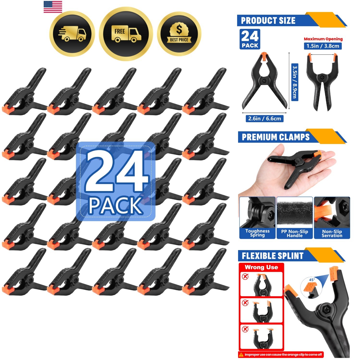 24 Pack 3.5 inch Plastic Spring Clamps, Black Heavy Duty Clips, Backdrop Clip…