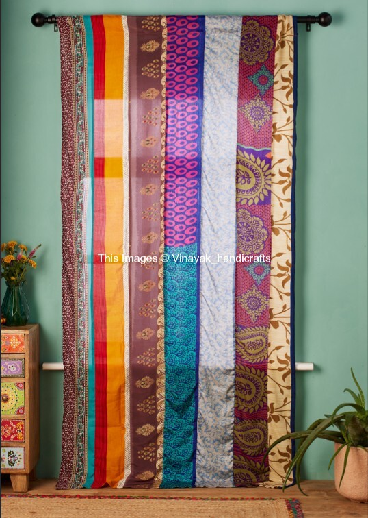 2 Pcs Indian Sari Patchwork Curtain Drape Window Decor Multi Silk Sari Curtain