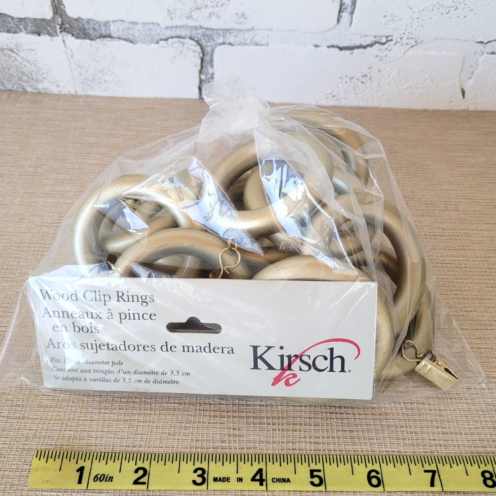 14 Kirsch Gold Wood Clip Rings Satin Curtain Drapery for 1 3/8″ Pole 5602EG.894