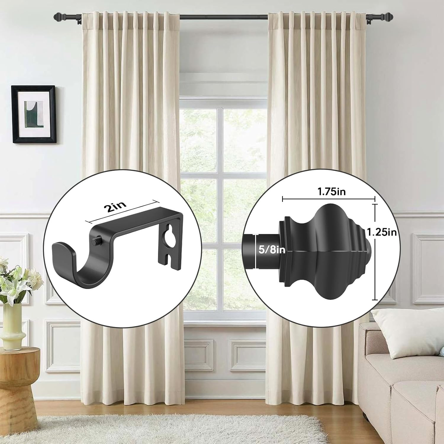2 Pack Matte Black Curtain Rods 36 to 48 Inch Adjustable Window Rod Set