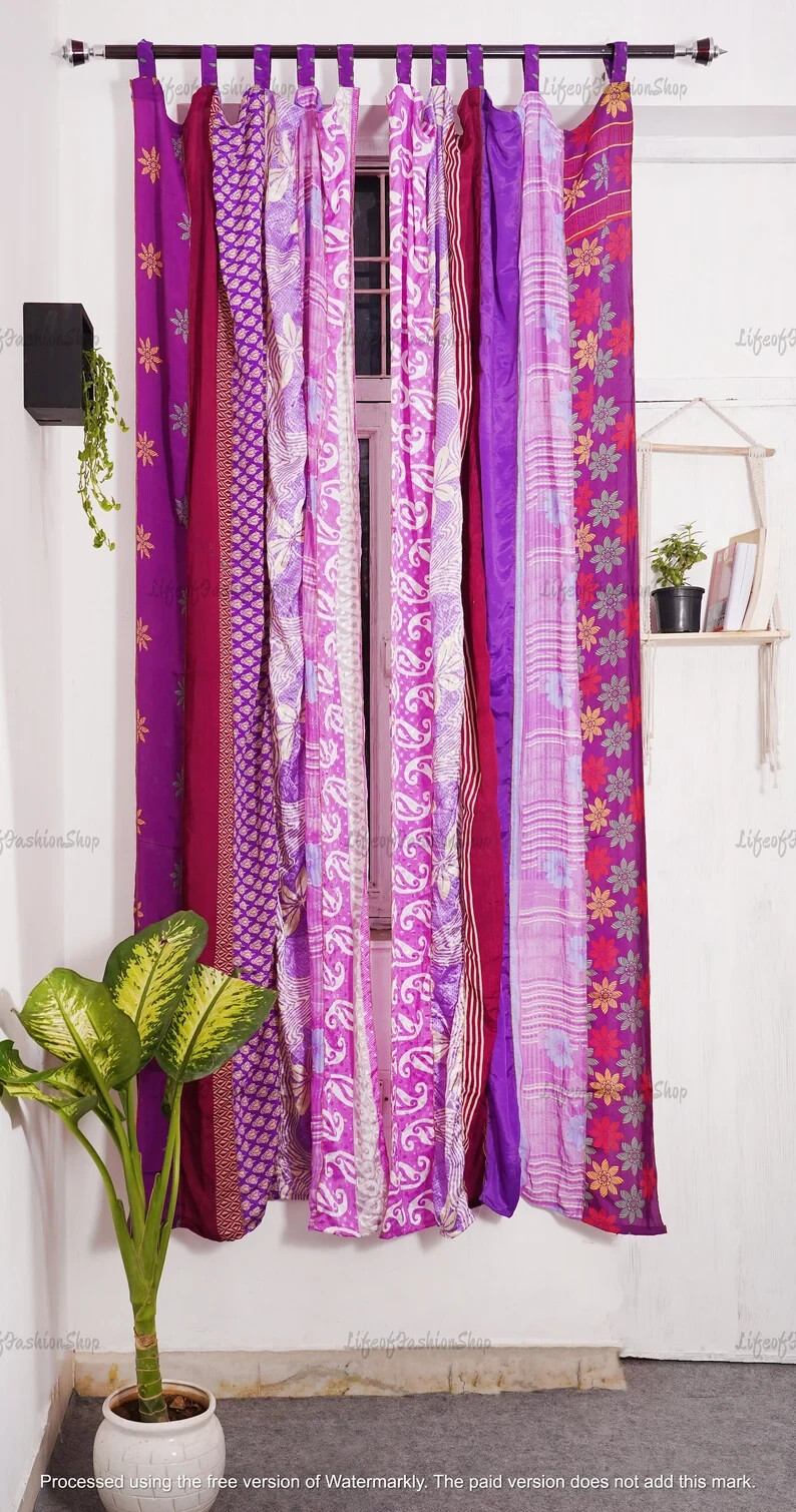 2 Pc Indian Old Recycle Silk Saree Boho Multi Curtain Door Drape Decor Curtain