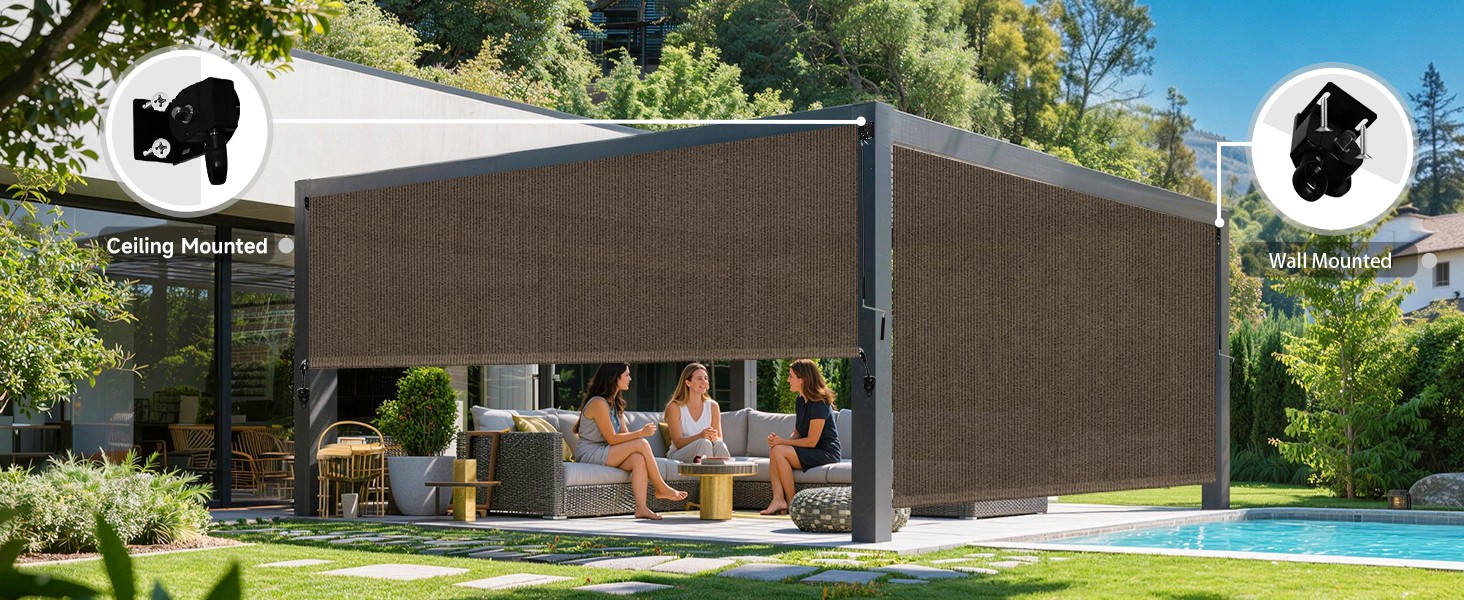 Outdoor Roller Shades for Patio, Mocha 10′ W x 8′ H Cordless Patio Shades Roll