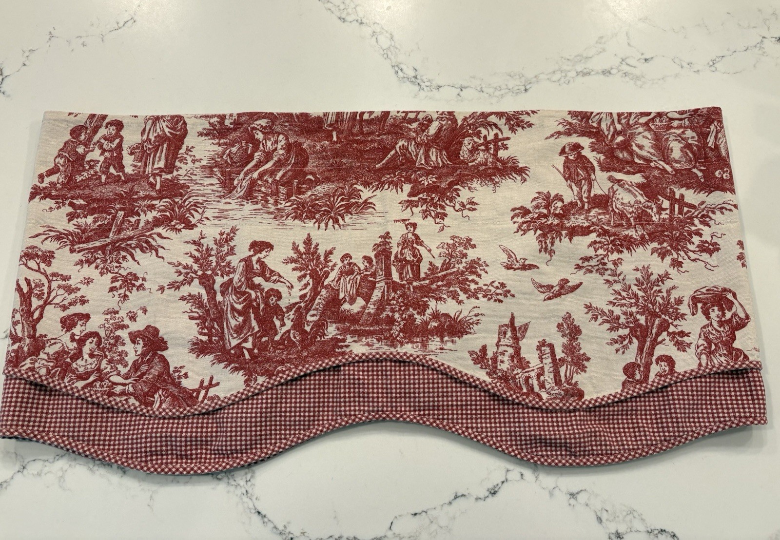 Waverly Home French Toile Valance Red Gingham Scalloped Trim 80”x16” Cottage