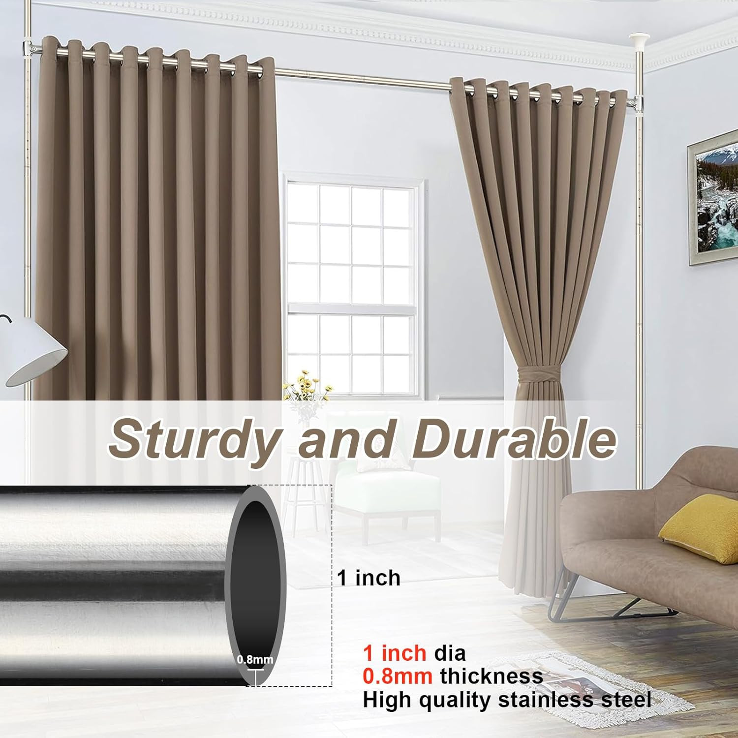 Room Divider Partition size 28″-70″ Wide x 48″-120″ High Tension Rod pole Silver