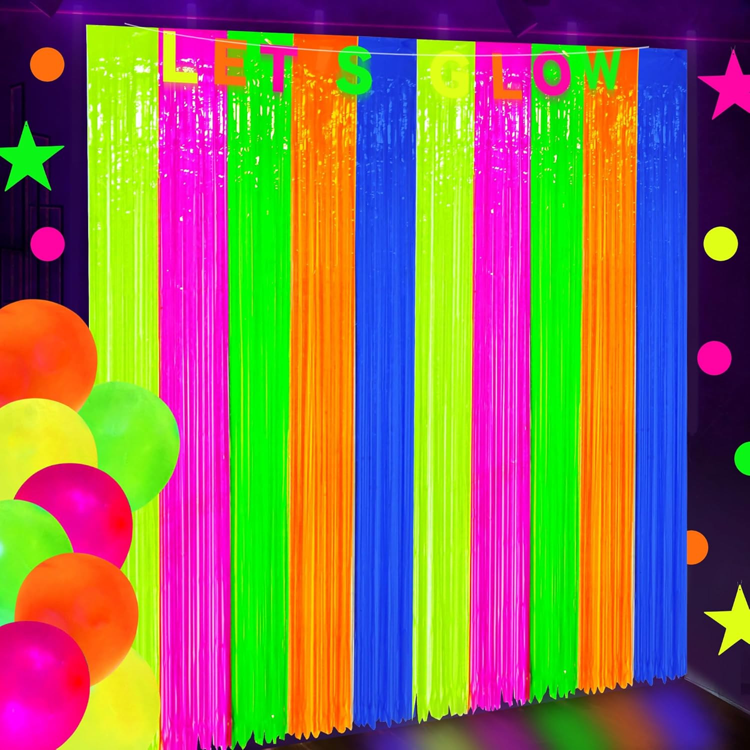 2 Pack Neon Foil Fringe Curtains 3.3 X 6.6 Ft – Glow in the Dark Streamers