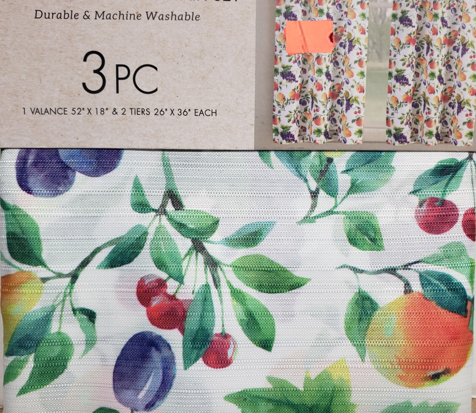 3pc Printed Kitchen Curtains Set:2 Tiers(26″x36″)&Valance(52″x18″)FRUITS,Tribeca