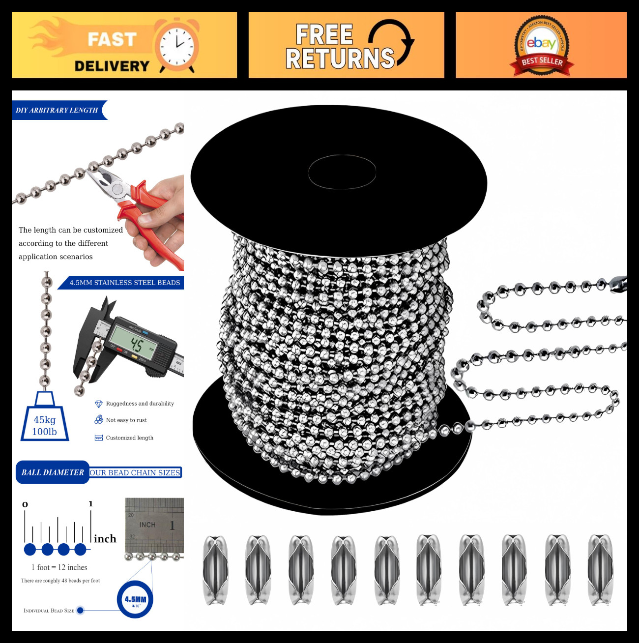 50ft Stainless Steel Ball Bead Chain 4.5mm for Window Blinds, Dog Tags & Jewelry