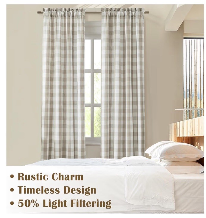 2 Buffalo Check Farmhouse Curtain Panels 40”x 63” Tan Beige White Rod Pocket