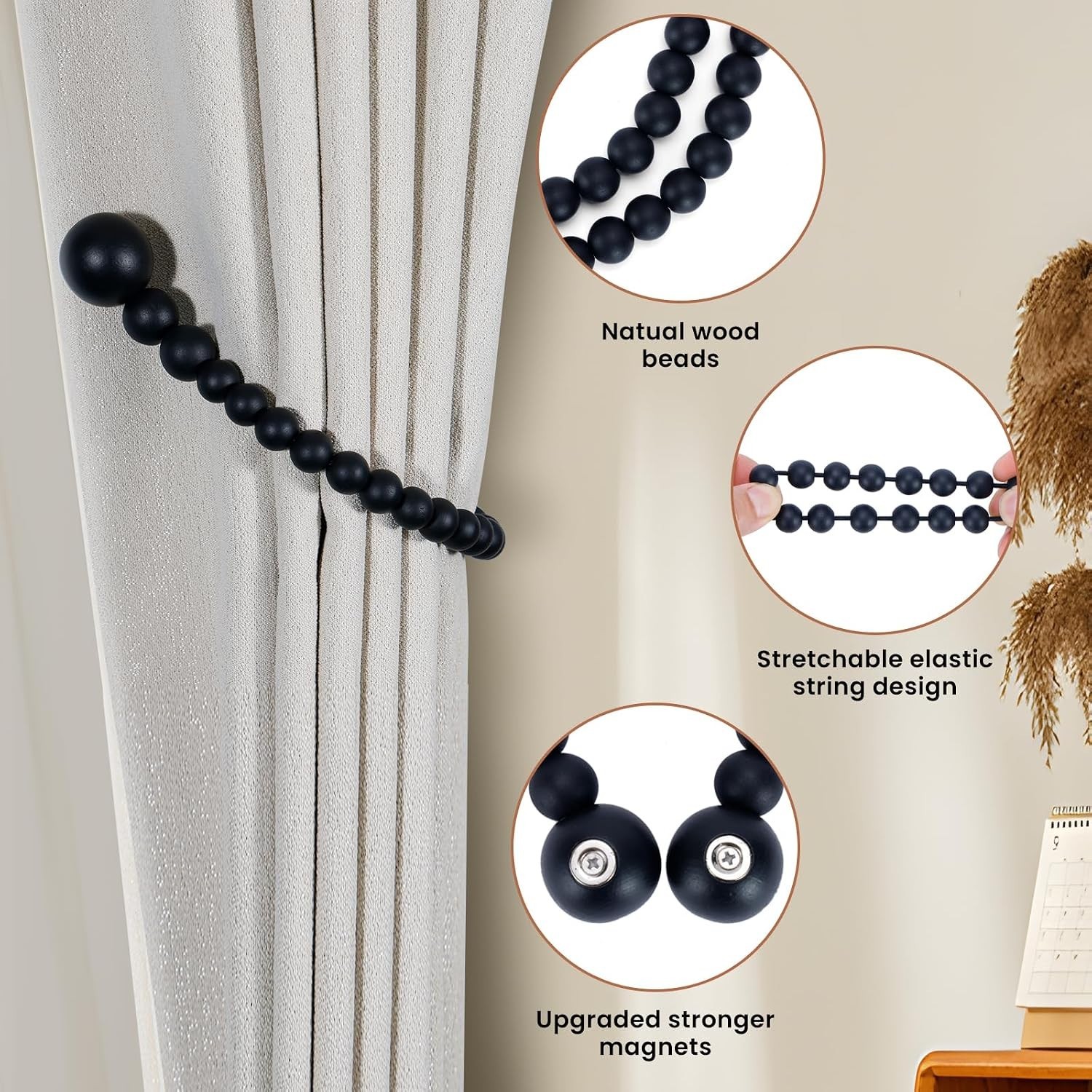 Versatile Magnetic Curtain Holdbacks – Black Wood Bead 2 Pack for Any Room Style