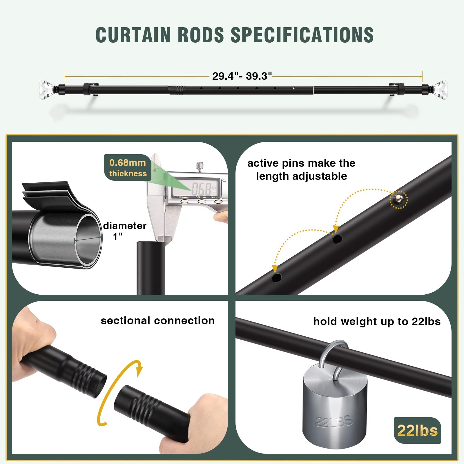 Lepushom 2 Pack Curtain Rods For Windows 30 To 40 Inches2.5-3.3 Feet 1 Inch