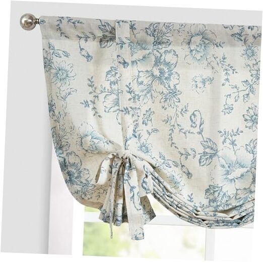 Tie Up Valance Floral Linen for 42″W x 45″L (Pack of 1) Floral | Blue on Beige