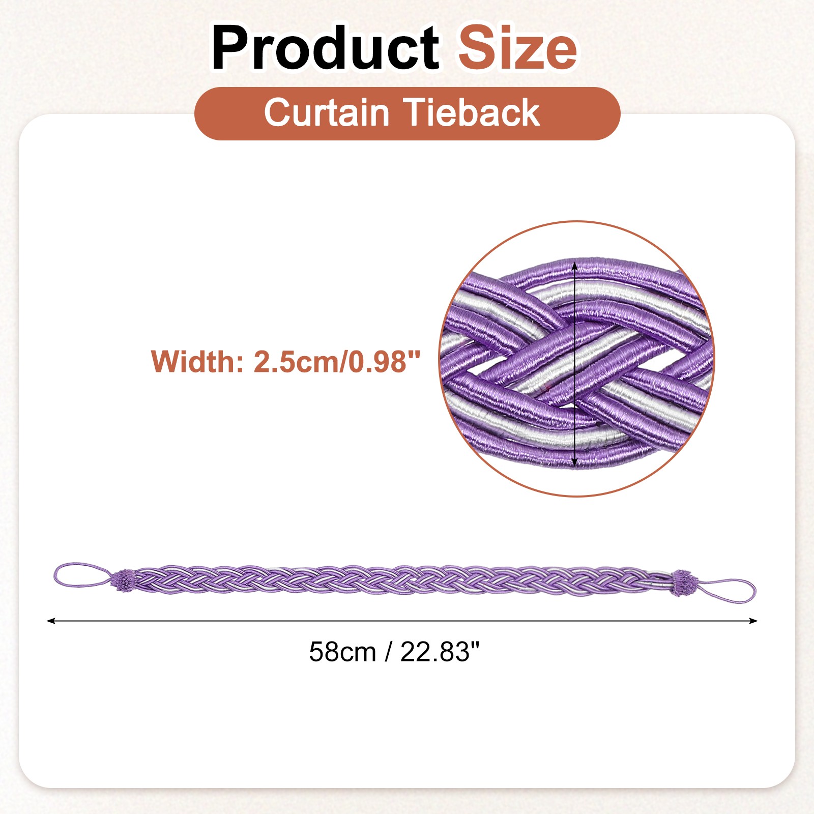 6Pcs 58cm/23″ Curtain Tieback Braided Drapery Holdback Holder Dark Purple/Silver