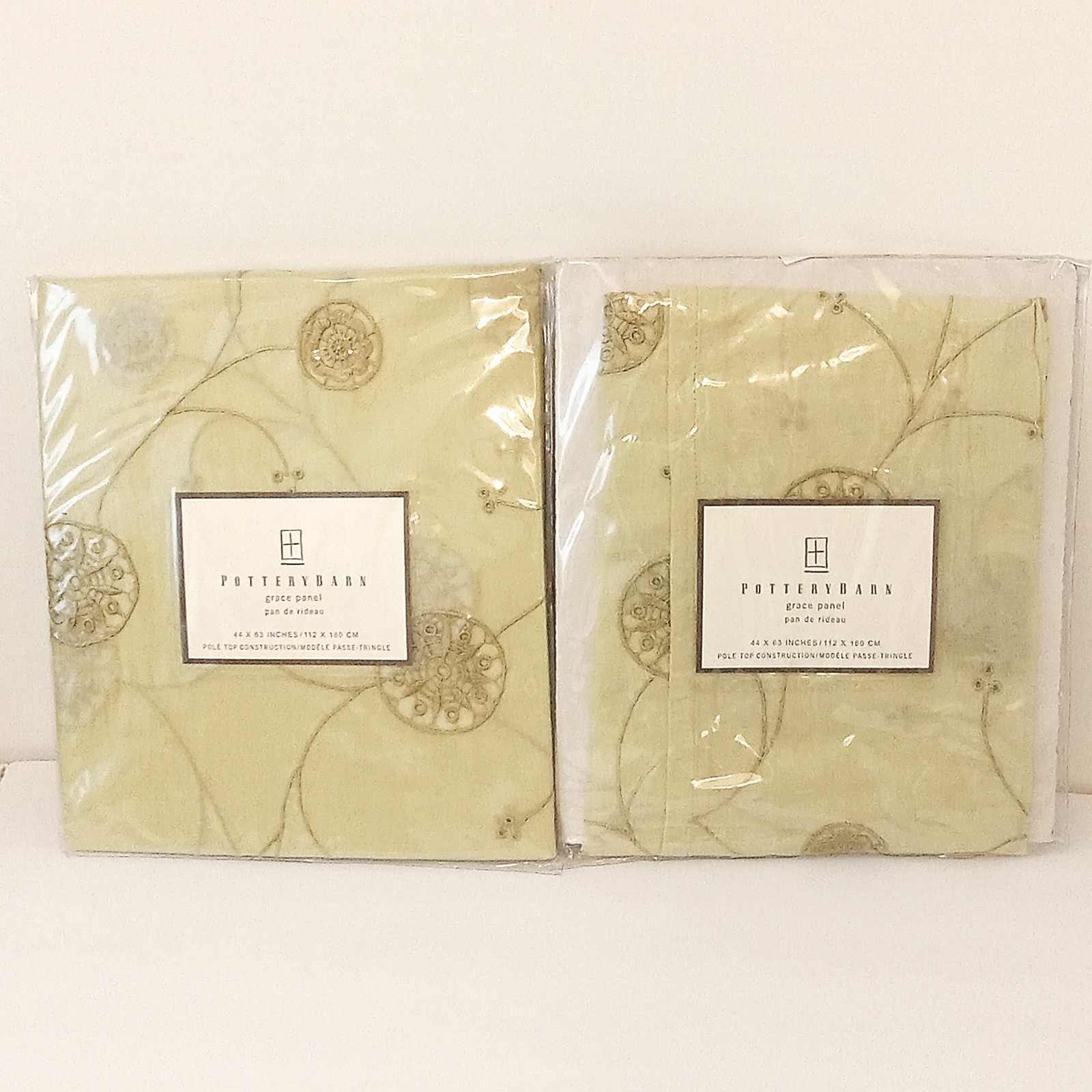 Pottery Barn Grace Curtain Panel Celery Green Embroidered 44×63 Lot Of 2