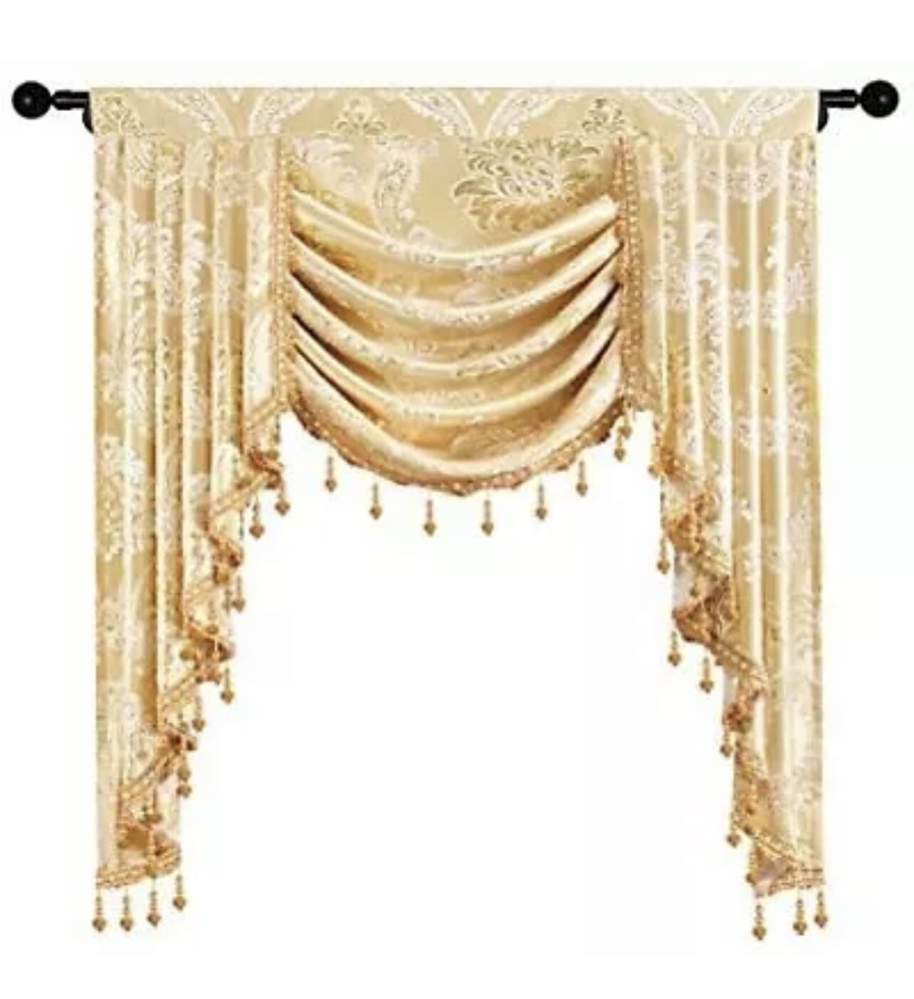 ELKCA Golden Jacquard Single Swag Waterfall Valance for Living Room Damask Curta