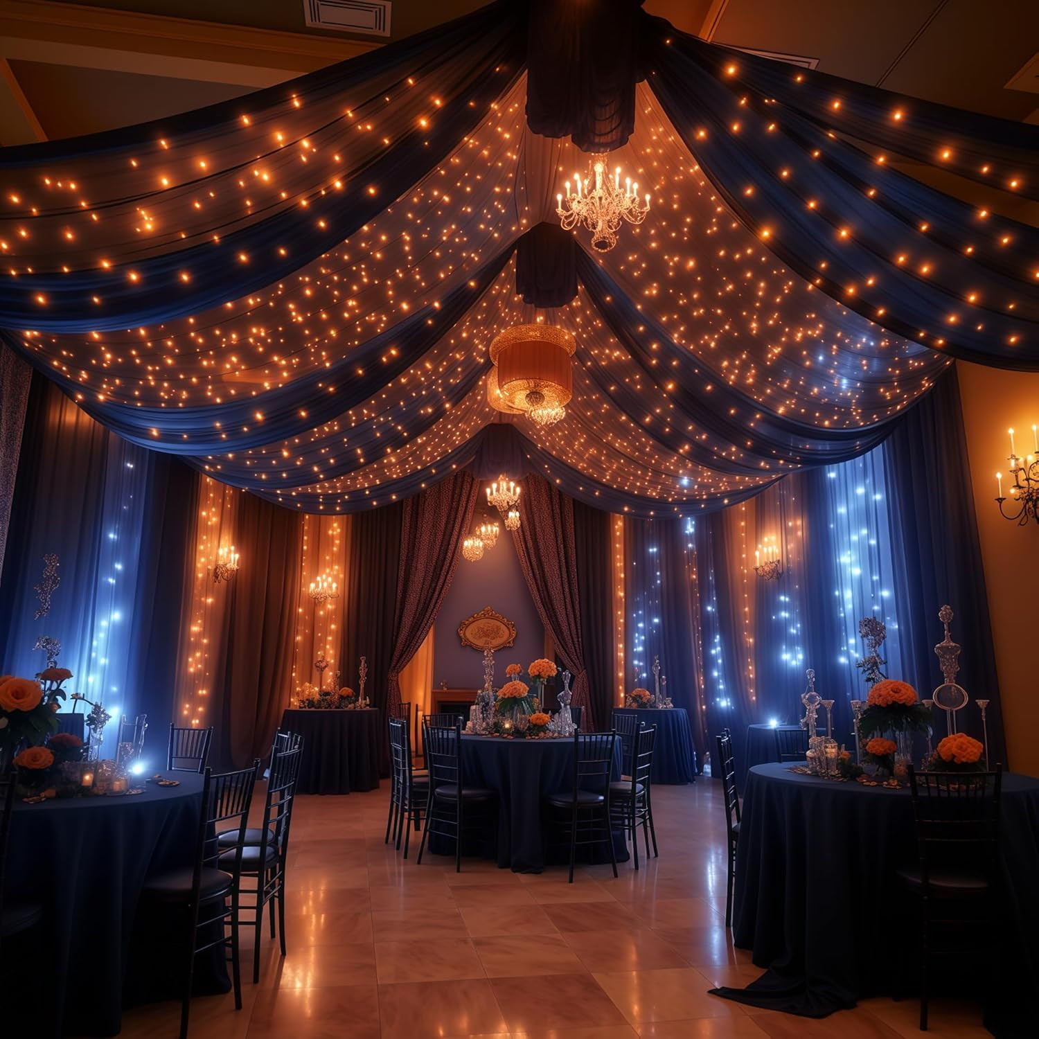 Black Ceiling Curtains with Lights – 6 Panels Tulle Drapes for Weddings 5x20ft