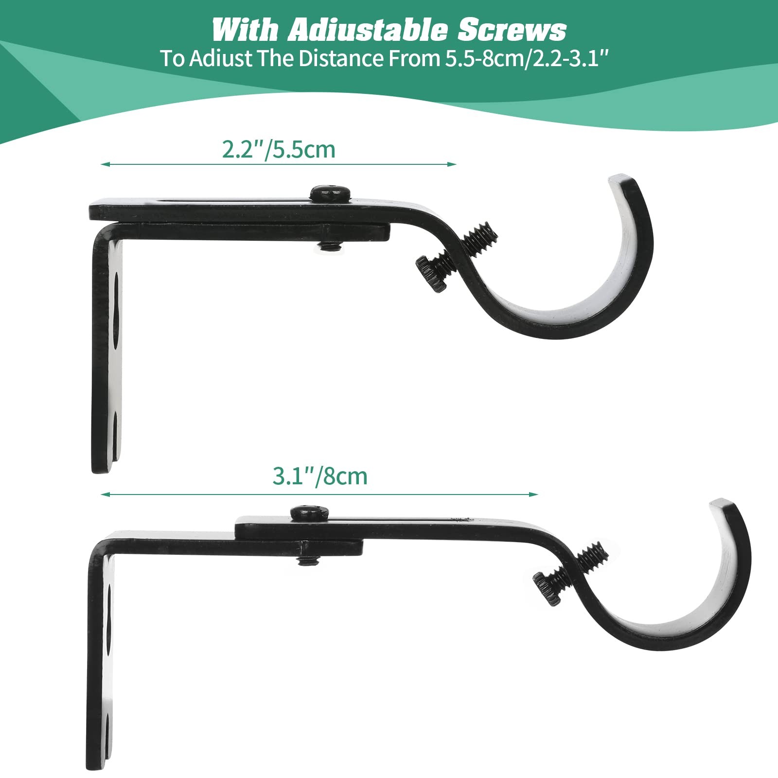 6 PCS Black 1 Inch Iron Adjustable Curtain Rod Brackets Wall Mount