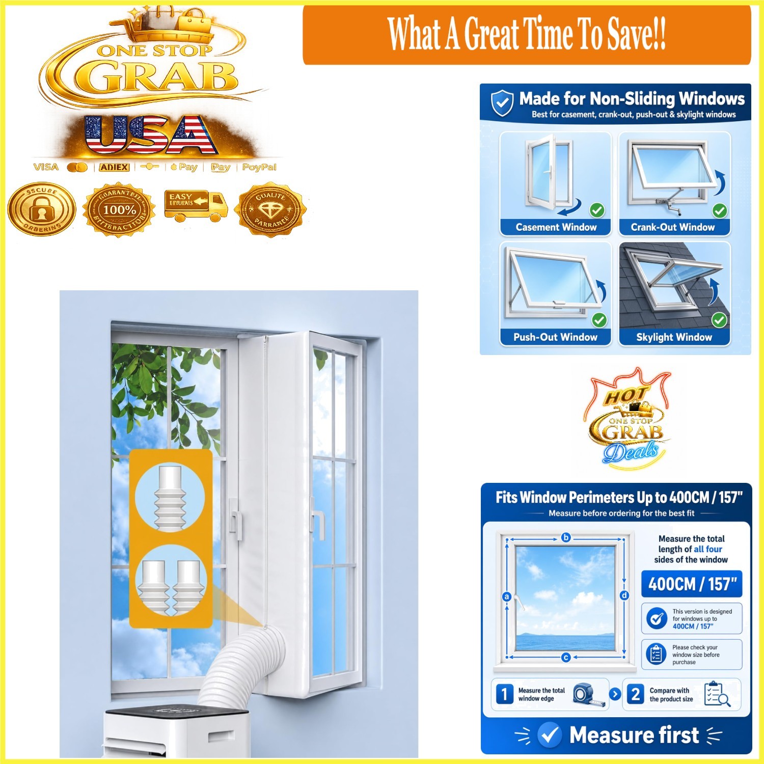 Portable AC Window Seal Kit 157″ for Casement & Skylight Windows No-Drill