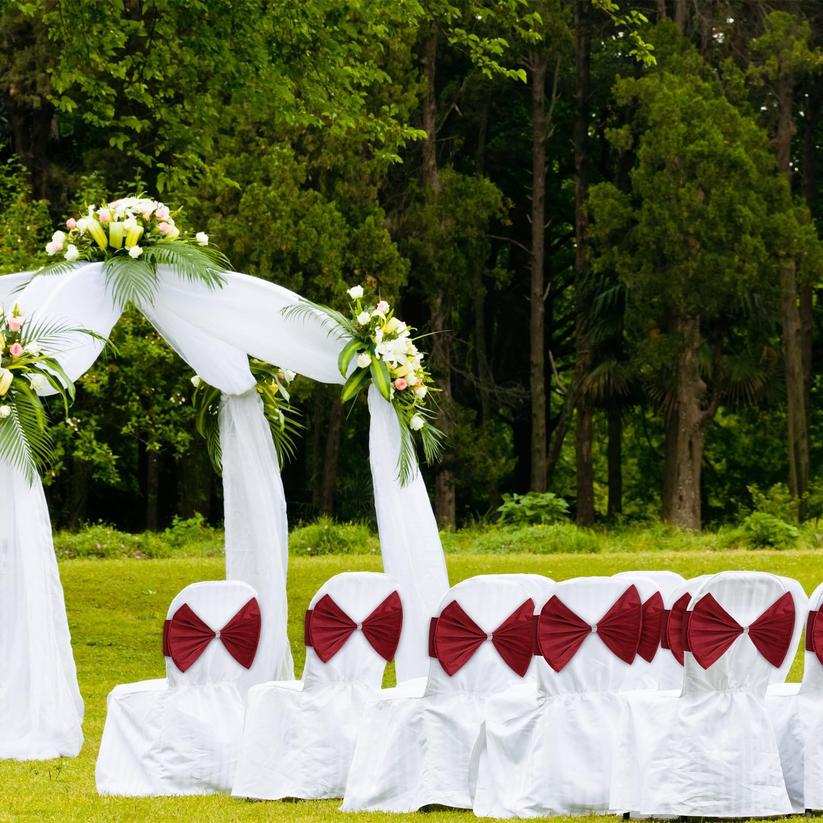 6 PCS Red Velvet Chair Sashes Bow Elastic Stretchable Band Spandex Universal
